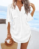 Women's V-Neck Hollow Out Beach Tunic - Lightweight Summer Cover Up with Side Tie Details - Image 2