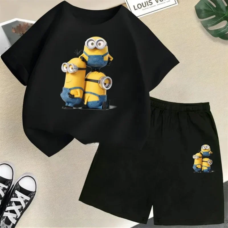 thumbnail image 1 of Conjunto de camiseta y pantalones cortos de dibujos animados de Minions Despicable Me para niños y adolescentes de verano de 2024, ropa para niños y niñas, camiseta de manga corta, traje de moda, 1 of 5