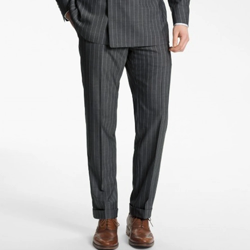 Dark Gray Wide Stripe Double Breasted Suits for Men | Custom Tailored Fit with Cuffed Pants & Wide Lapel Business Formal Wear