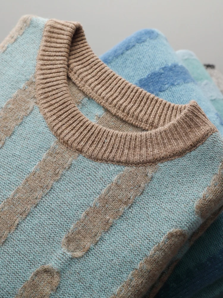 Jacquard Thicken 100% Pure Wool Sweater Men's Crew-Neck Knitted Pullover Fashion Color Match Large Size Clothing Autumn Jacket 6
