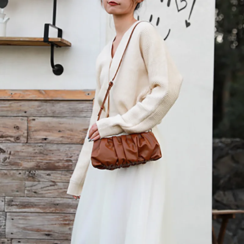 New Arrivals Women Genuine Sheepskin Leather Bags Lady Fashion Folds Handbags Shoulder Bag Cloud Bags S4400