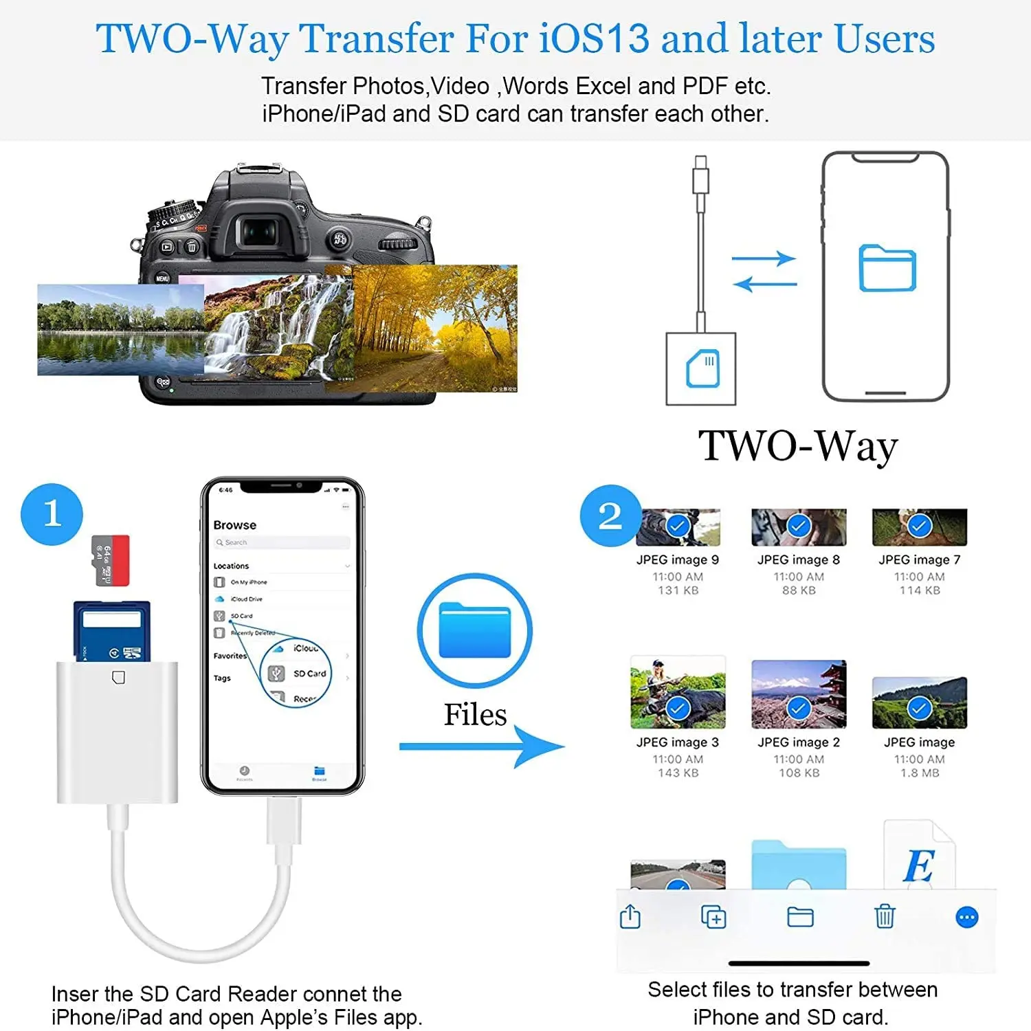 Lightning to SD Card Camera Reader Memory Card Reader Trail Camera Viewer SD Adapter for iPhone 12/11/XS/XR/X/8/7 card reader sd card reader