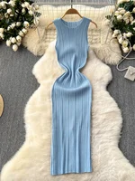 SINGREINY Women Sheath Long Dress O Neck Sleeveless Solid Pleated Knit Elastic Fashion Elegant Stiped Retro Sexy Bodycon Dress 3