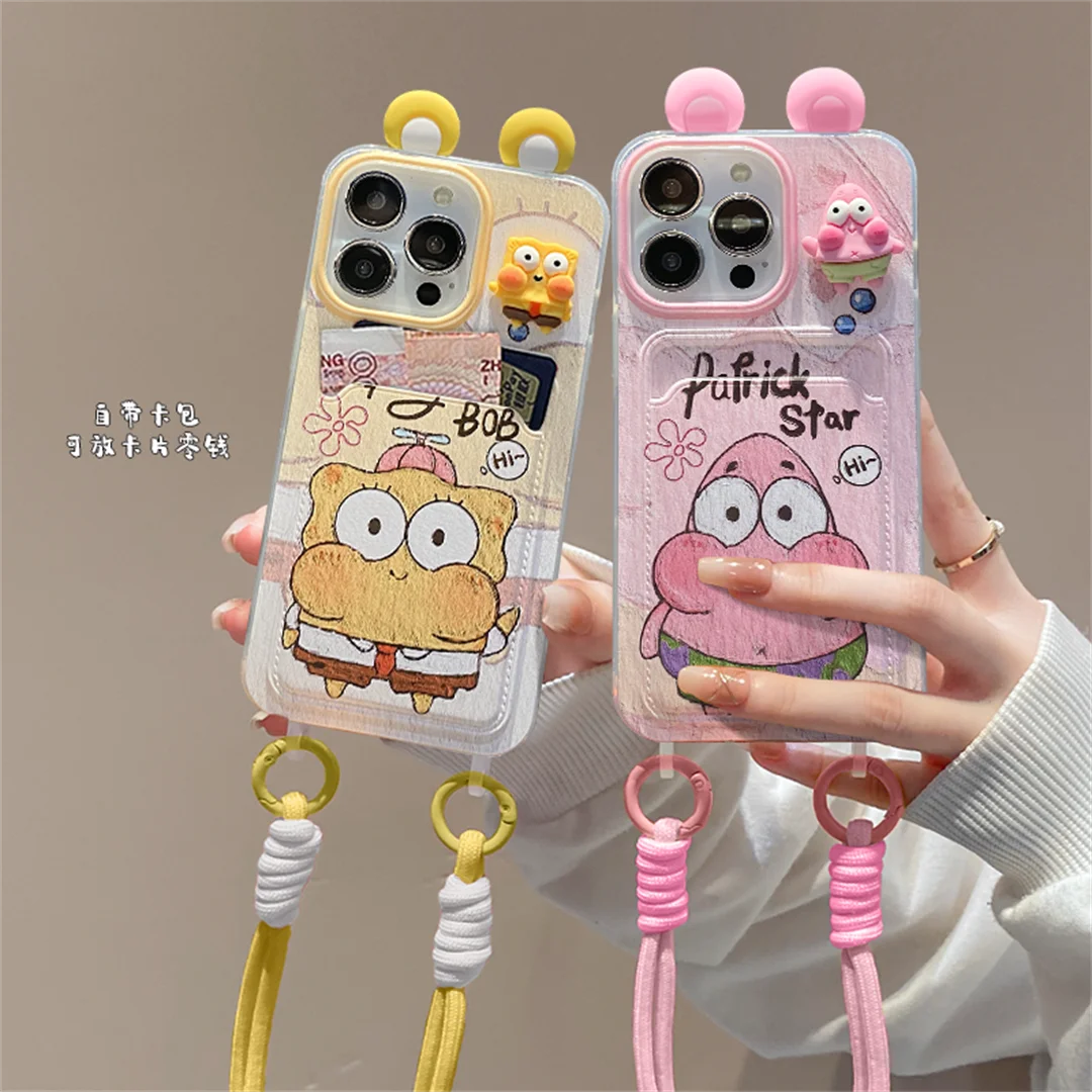 Patrick Star Cartoon Soft Phone Case with Pothook Card Holder and Lanyard