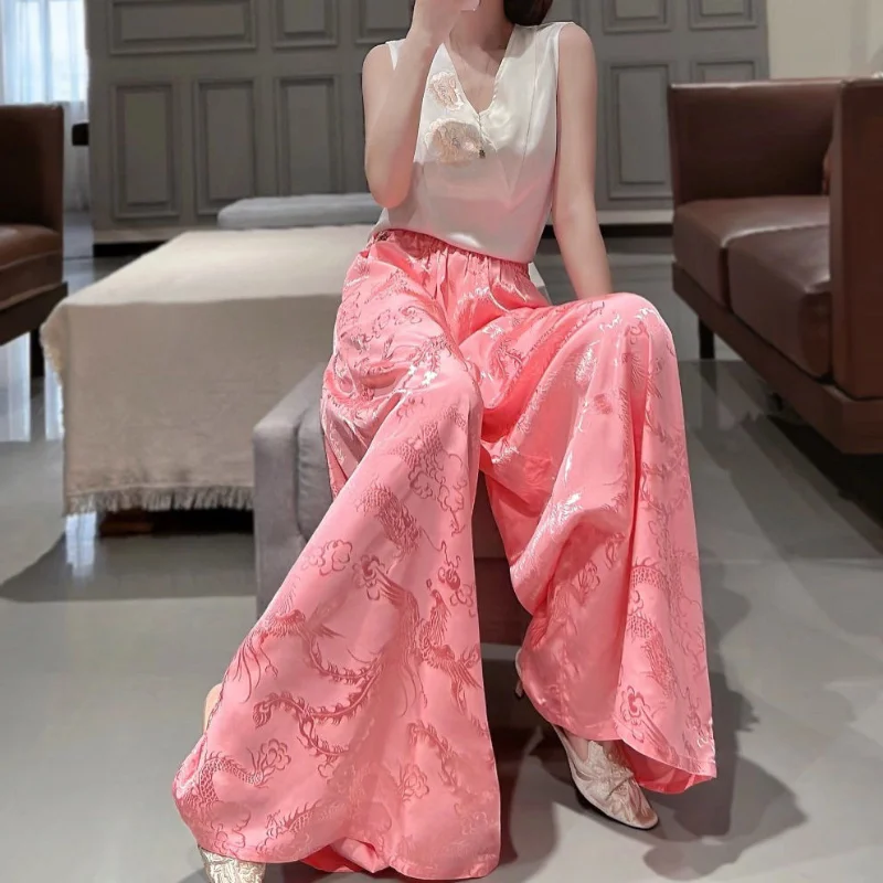 

Fashionable Wide Leg Long Pants 2023 Spring/Summer New European Women Jacquard Elastic Waist Slim High Waist Pants Female Tops
