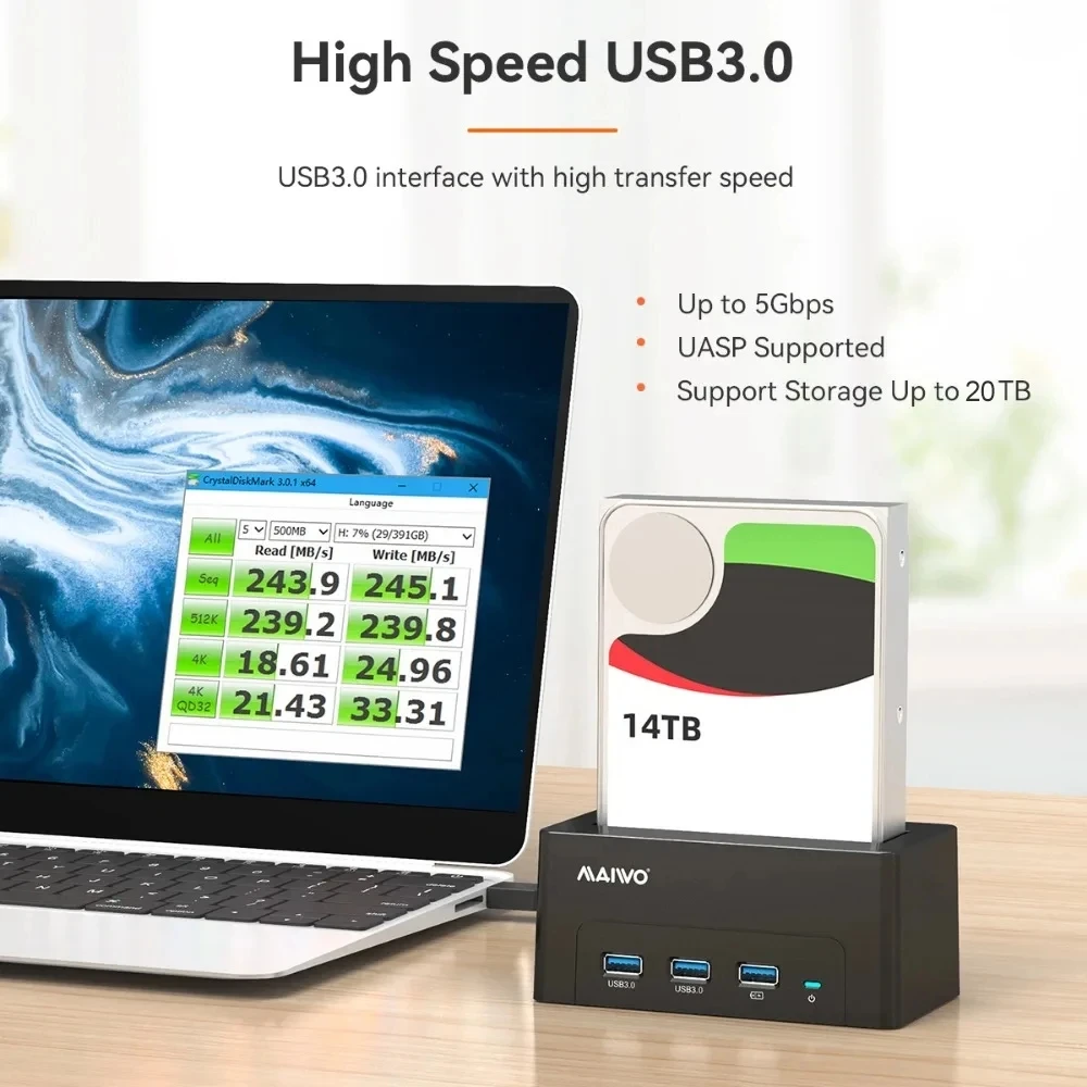 MAIWO 2.5/3.5인치 HDD 케이스 USB to SATA 도킹 스테이션 (2.5/3.5 SATA HDD/SSD용) USB 3.0 포트 1개, 고속 충전 포트 1개 포함 HDD 케이스