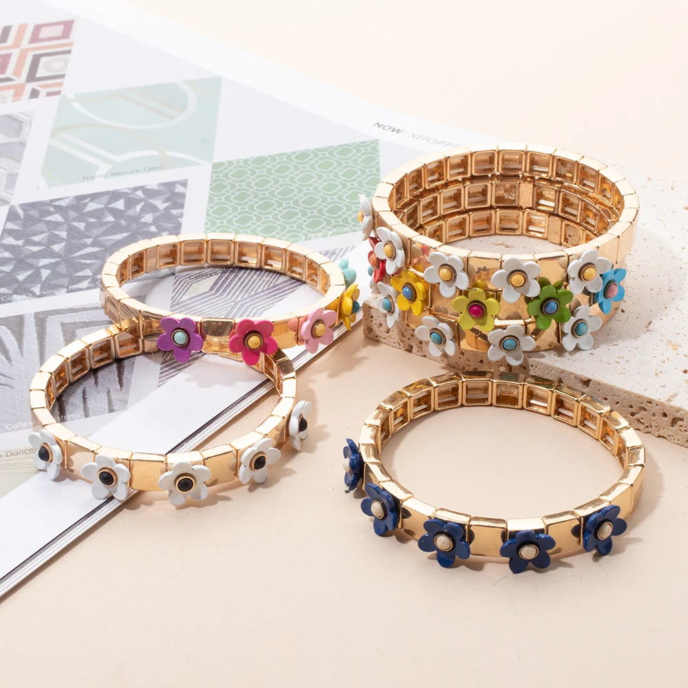 BEUTIFOR Hot Sales Handmade 8*8mm Square Enamel Bracelet for Women Colorful Flower Painted Beads Bangles 2024 Fashion Jewelry