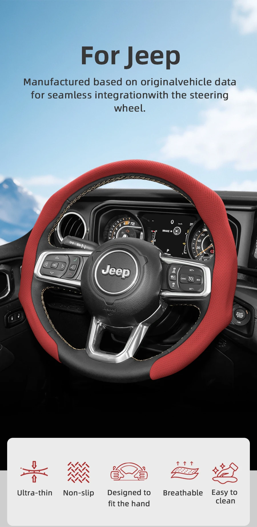 Geeignet für Jeep. Lenkradbezug aus perforiertem Leder, rutschfest, schweißabsorbierend, atmungsaktiv, integrierte Schutzhülle zum Aufstecken für Wrangler 4Xe S Grand Cherokee L Cherokee Compass Renegade Gladiator – Detail 1