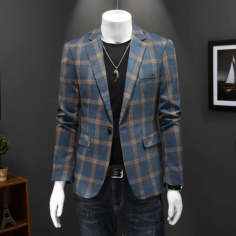 T45 Business Slim Men's Plaid Spring and Autumn Casual Suit Men's Groom Elegant Dress