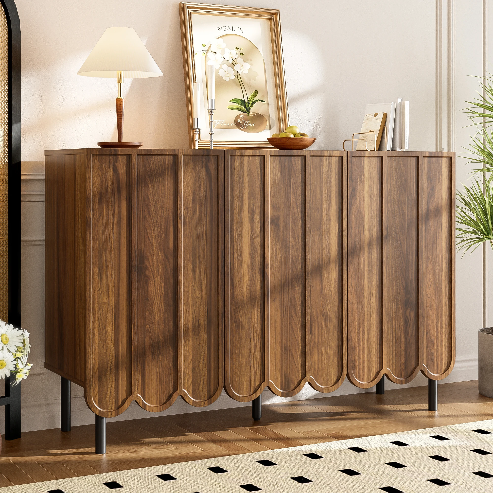 PINGGO Modernes Holz-Sideboard mit Schwingtüren Grifflose Verstellbare Regale für Wohnzimmer Flur Esszimmer Aufbewahrung – Detail 3
