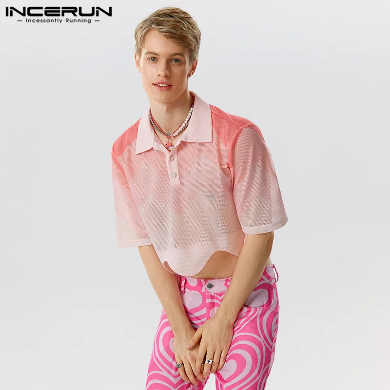 INCERUN Tops 2023 American Style Handsome Men's Pink Gradient Shirts Casual Fashionable Male Cropped Sleeved Lapel Blouse S-5XL