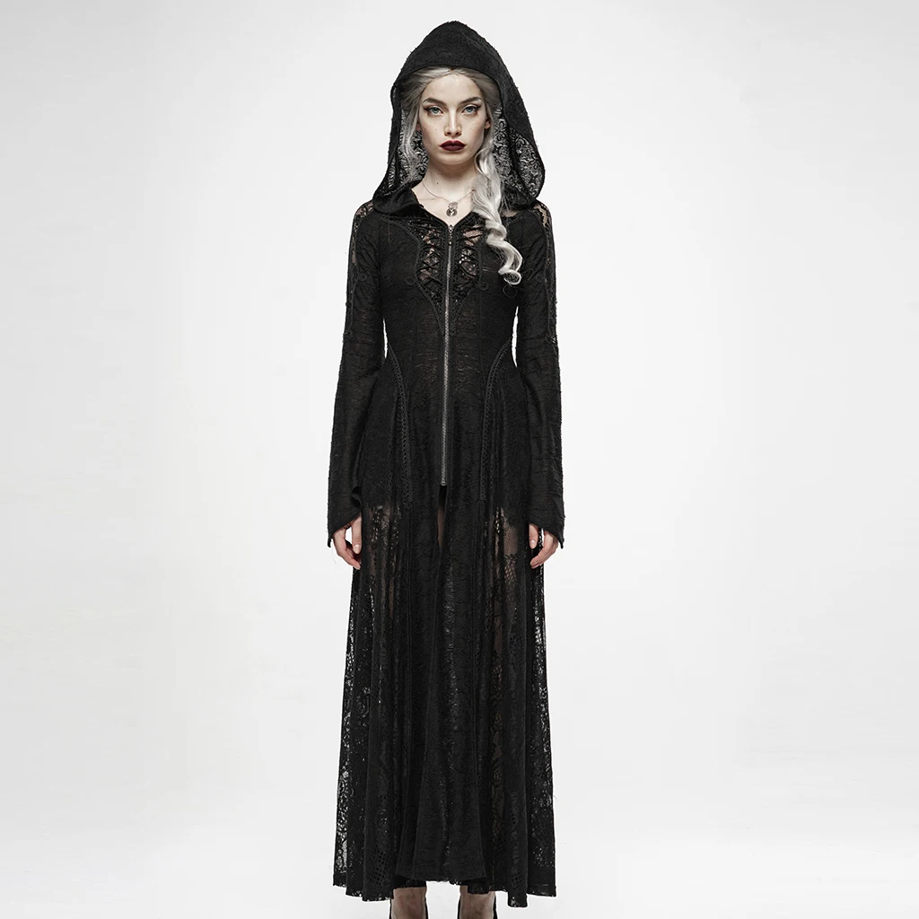 

PUNKRAVE Women's Darkmoon Cage Yarn Long Coat Patchwork Knit Lace Mesh Slim Fit Long Sleeve Hooded Jacket