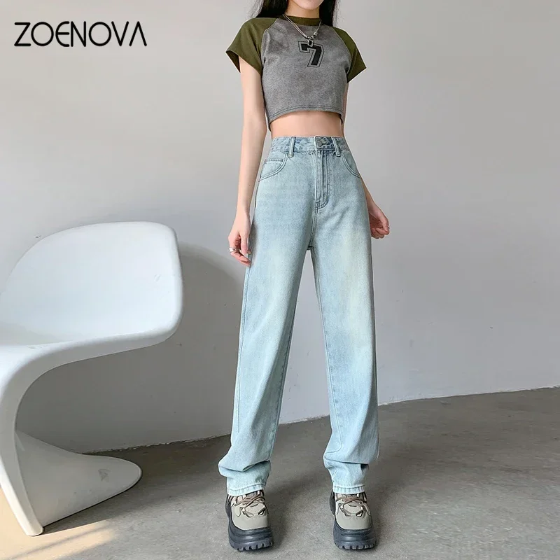 ZOENOVA 여성용 하이웨이스트 청바지, 루즈한 와이드 레그, 스몰 슬림 하이 스트리트 갸루 스트레이트 팬츠, 한국 패션, 용수철 가을