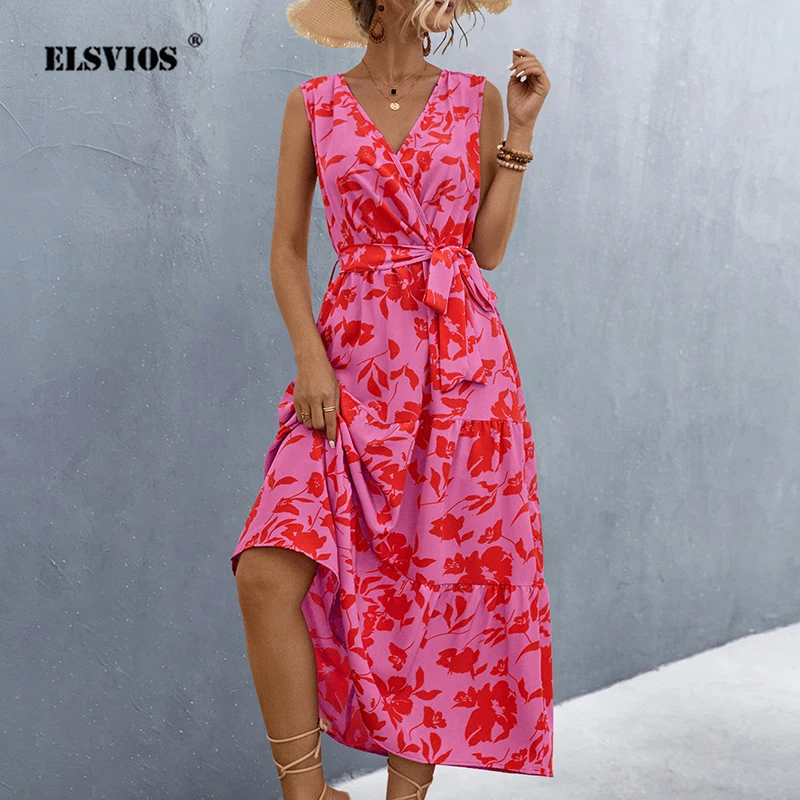 

Fresh Sweet Womens V-neck Printed Slip Dress New Hot Selling Spring Summer 2024 Print Tie Up Waist Temperament Large Swing Dress