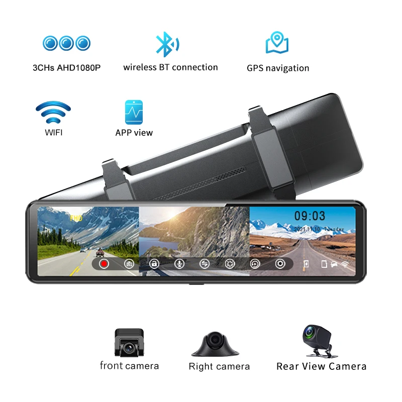 

12 inch IPS Car Rearview Mirror 3 Cams DVR Camera Car Dash Cam 2K FHD 1080P Video Recording WIFI BT GPS Navigation DVR Recording