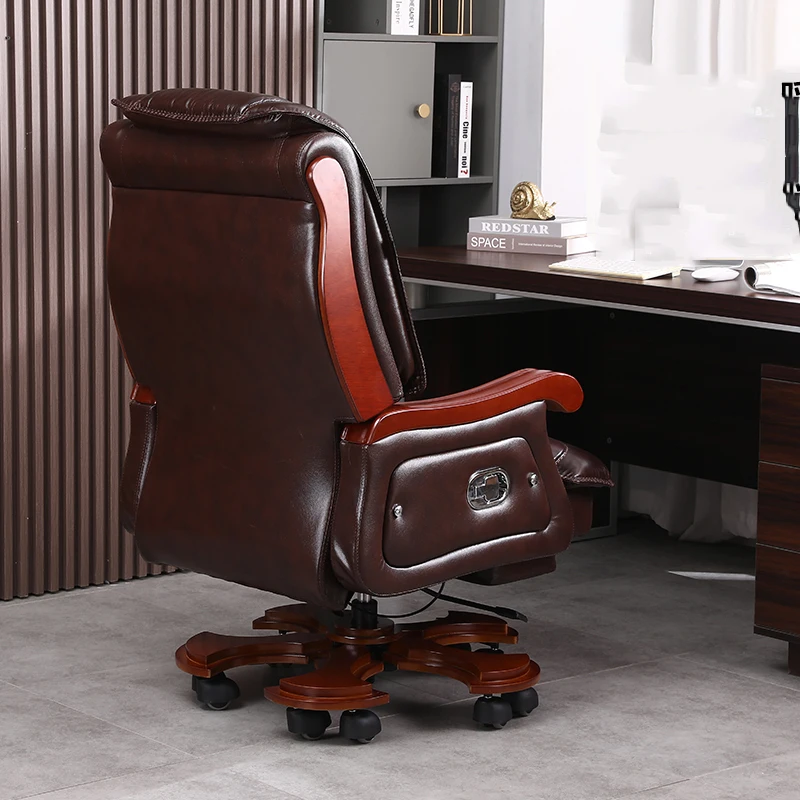 Leather Chair First Layer Cowhide Large Business Reclining Office Chair Solid Wood Massage Chaises De Bureau Lounge Furniture 4