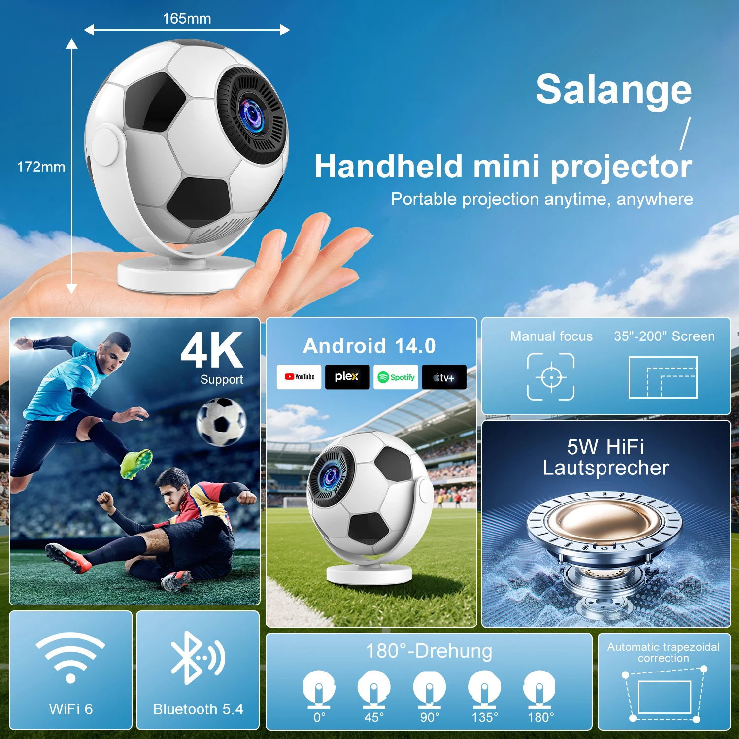ApexTPFootball 쉐이프 스마트 프로젝터 (5G WiFi6, 블루투스5.4, 안드로이드 14 탑재) 미니 프로젝터 4K 홈시네마 축구공 모양 휴대용 프로젝터