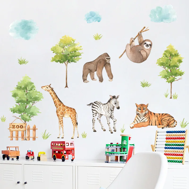 

Cartoon Cute Gorilla tiger giraffe Animal Jungle Watercolor Wall Sticker Vinyl Baby Nursery Art Decals for Kids Room Home Decor