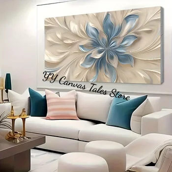 1 quadro su tela senza cornice, grande dipinto floreale blu e bianco - Decorazione da parete moderna nordica minimalista per soggiorno o camera da letto