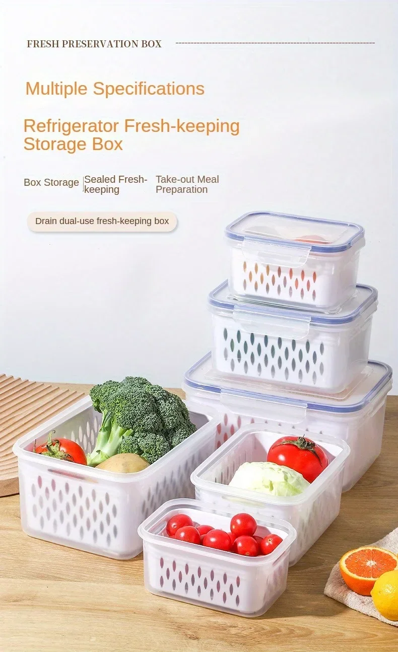 Refrigerator storage box with detachable drainage for fresh food preservation.
