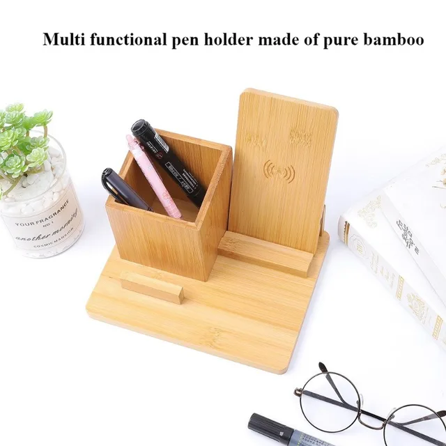 Minimalist Bamboo & Wood Desk Organizer – Multi-Function Pen Holder with Wireless Charging, Office Decor Gift 1