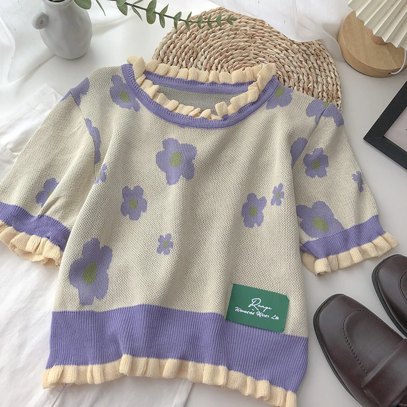 sweater for women Japanese Sweet Flower Knit Pullovers Sweaters Korean O Neck Short Sleeve Crop Sweater Autumn New Vintage Cute Sueter Mujer cardigan