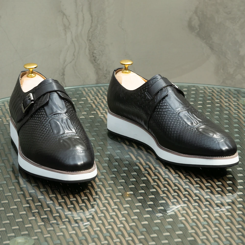 Mens Casual Shoes Genuine Leather Crocodile Pattern Classic Shoe for Men Leather Original Fashion Buckle Monk Strap Sneakers