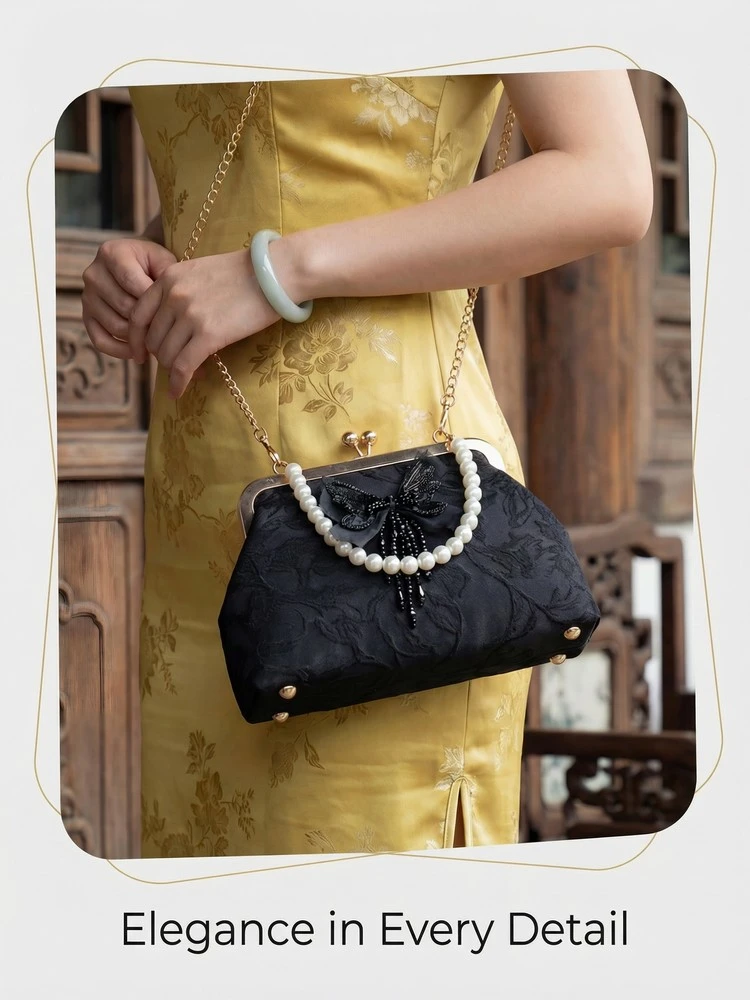 Chinese Style Butterfly Embroidery Clutch Vintage Lace Kiss Lock Handbag Elegant Evening Bag with Gold Chain for Women