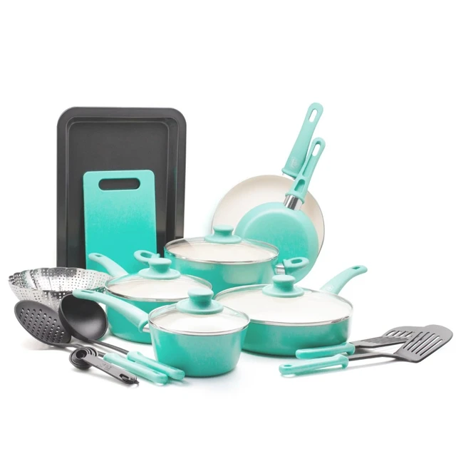 GreenLife Soft Grip 16 Piece Ceramic Non-Stick Cookware Set, Turquoise