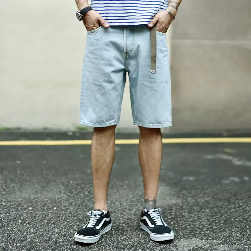 SauceZhan 남성 반바지 진 반바지 인디고 셀비지 데님 여름 캐주얼 레귤러핏
