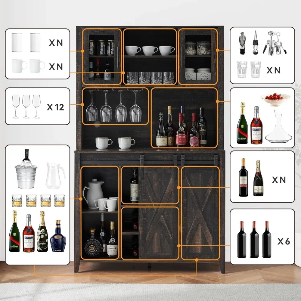 Farmhouse Coffee Bar Cabinet with Sliding Barn Door, 70" Tall Buffet Cabinet with Storage Shelves, Liquor Wine