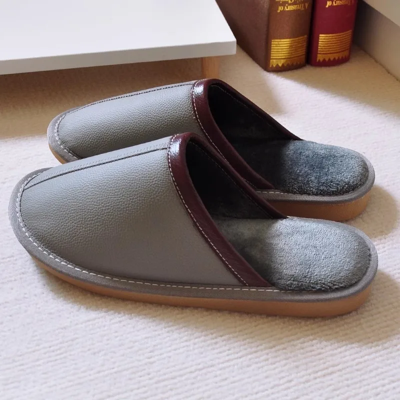 handmade home leather slippers, men's winter,home indoor cotton slippers, female soft bottom, mute non-slip, waterproof warm