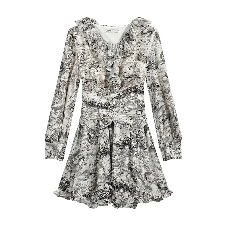 

2023 Autumn French Style Long Lantern Sleeve Ruffled V-Neck Stretched High Waist Female Floral Dress Vintage Ink Printing Dress