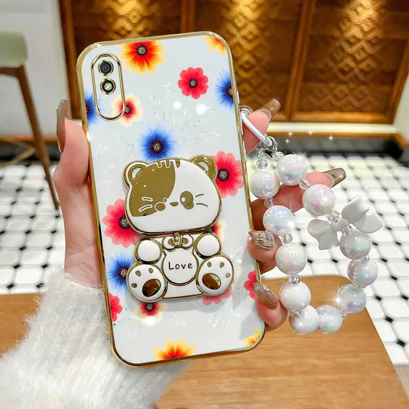 Colorful Flowers Phone Accessory Set: Case, Lanyard & Rabbit Stand