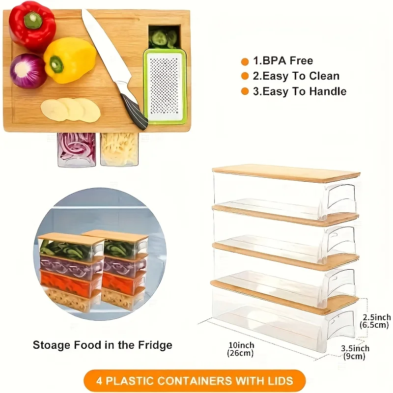 Bamboo Cutting Board With Containers - Meal Prep Station With Removable Top Kitchen Boards & Food Storage Tray With Lids
