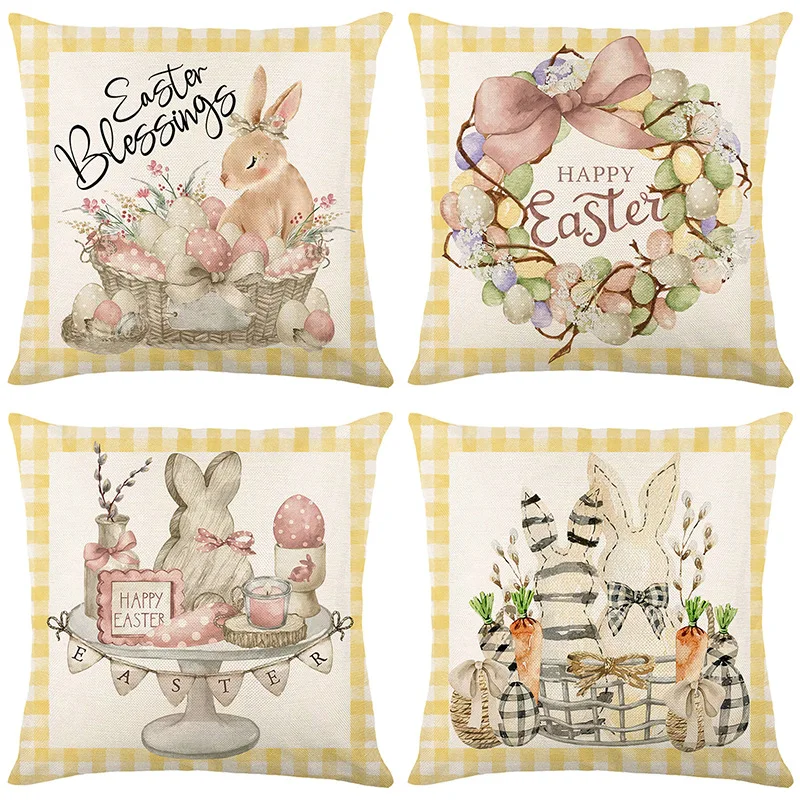 

4pcs Easter Throw Pillow Covers Easter Spring Bunny Eggs Pillow Case Home Decor for Couch Sofa Living Room Bedroom No Core