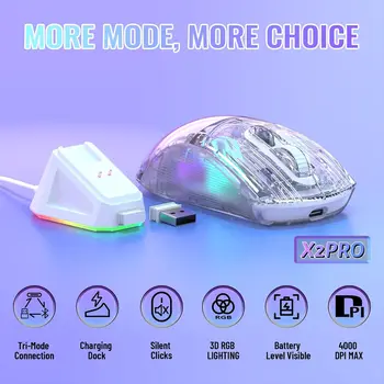 ATTACK SHARK X2Pro Wireless Gaming Mouse with RGB Charging Dock,Tri-Mode Mute Mouse RGB Backlit,Transparent Shell,PixArt 3212 2
