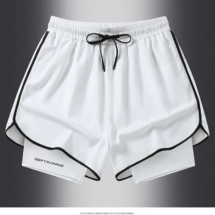Summer Casual Sports Three-Quarter Anti-Exposure Double-Layer Couple Shorts Quick-Dry Ice Silk Elastic Training Fitness Pants