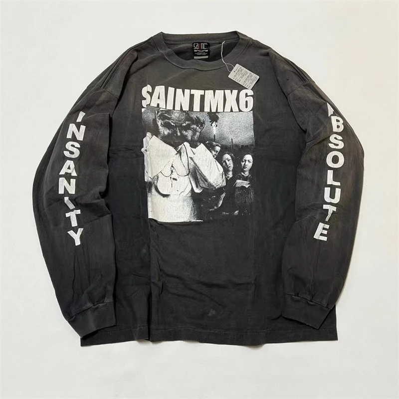 

23SS Streetwear Vintage LS Saint Michael Black T Shirt Men Women 1:1 High Quality Long Sleeve Hole T-shirt Tops Tee Goth