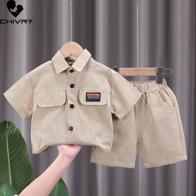 

Boys Fashion Clothing Suit New 2023 Summer Baby Boy Solid Short Sleeve Lapel T-shirt Tops with Shorts Kids Casual Clothing Sets