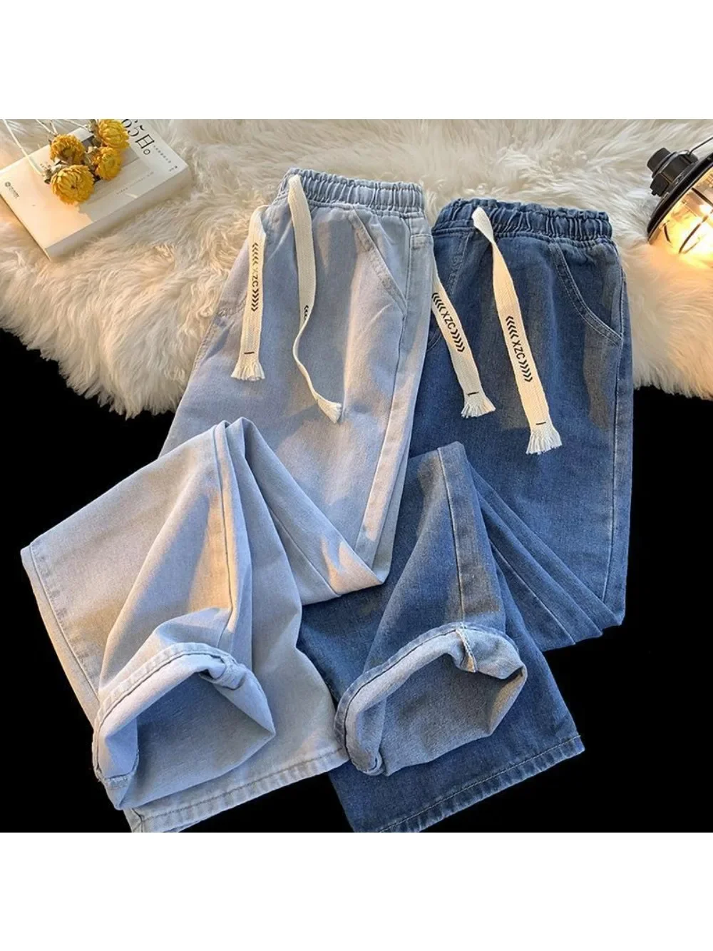 

Straight Leg Denim Pants Men Loose Casual Light Ins Boys Pants Trend Spring and Autumn New Winter Youth Rope Nine-point Pants