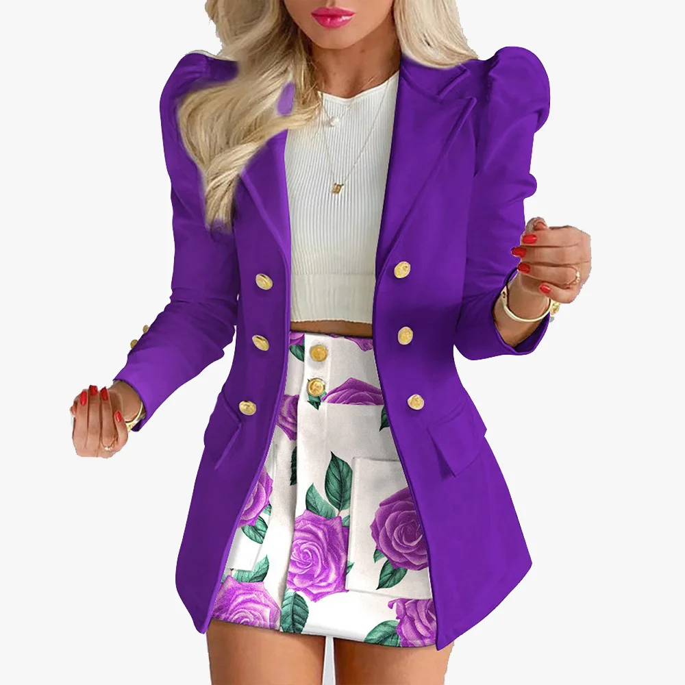 Women's Fall and Winter Long Sleeve Button Solid Color Jacket with Mini Skirt Two-piece Suit Tailleur Femme Blazer and Set Skirt