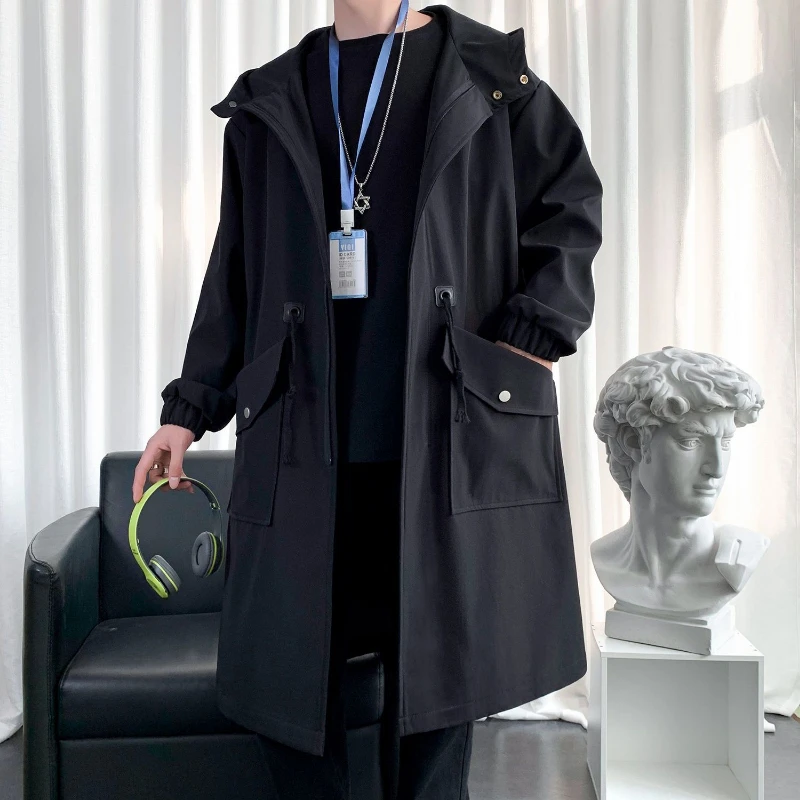 Spring Autumn Printing Hooded Long Sleeve Fashion Trench Man High Street Casual Loose Zipper Patchwork Pockets Cardigan