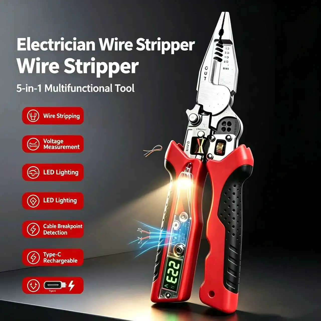 Enhanced Electrician's Multi-Tool: Adjustable Wire Stripper, Crimper & Voltage Tester