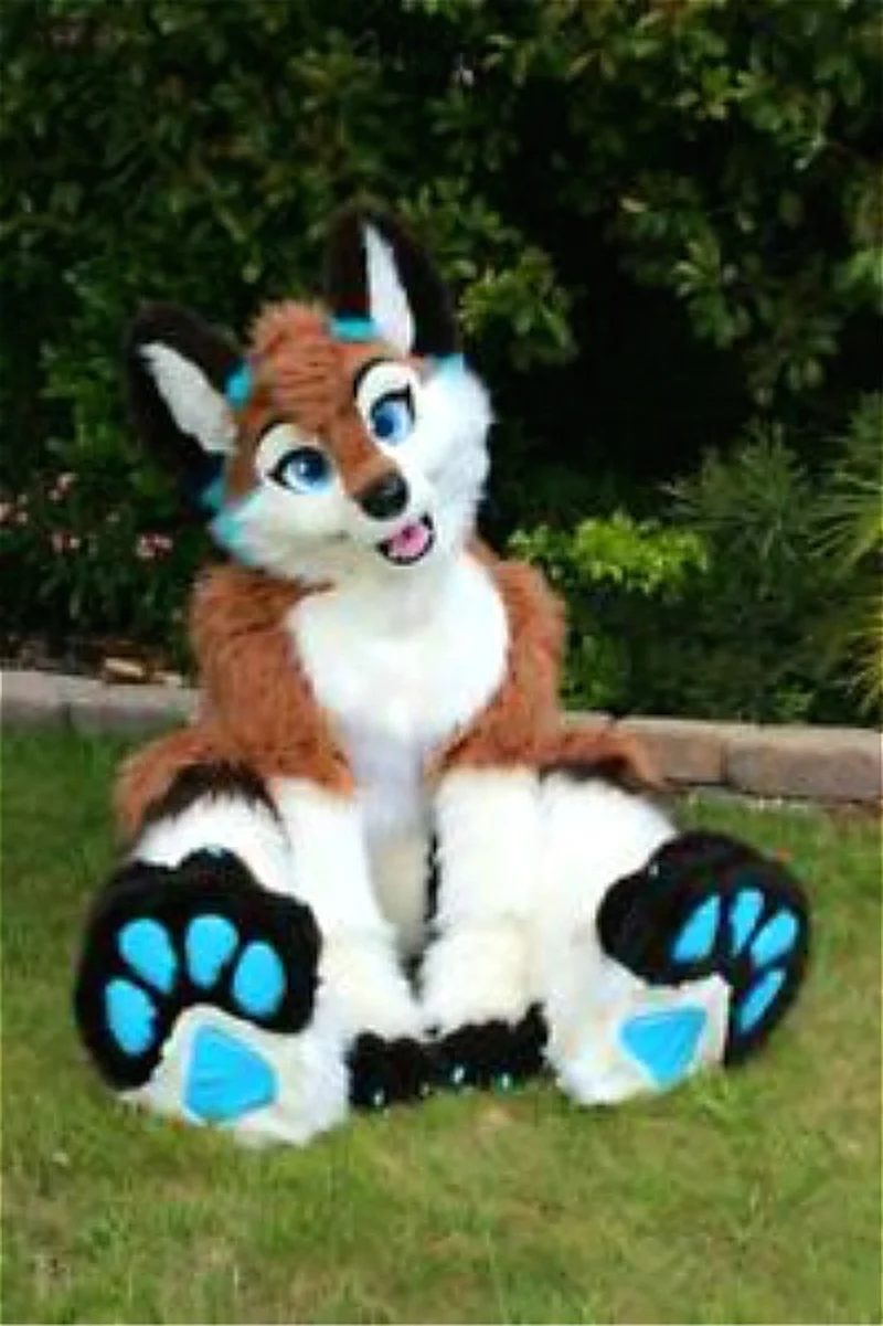 Long Fur Beige Husky Dog Fox Fursuit Mascot Costume Cosplay Fancy Dress Unisex # 