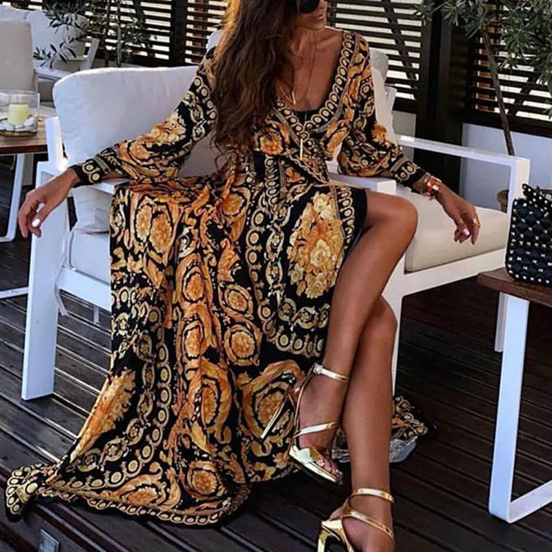 Abito Maxi Estivo Donna Boho Con Stampa - Maniche 3/4, Scollo A V, Leggero - Per Spiaggia, Vacanze E Tempo Libero - 2