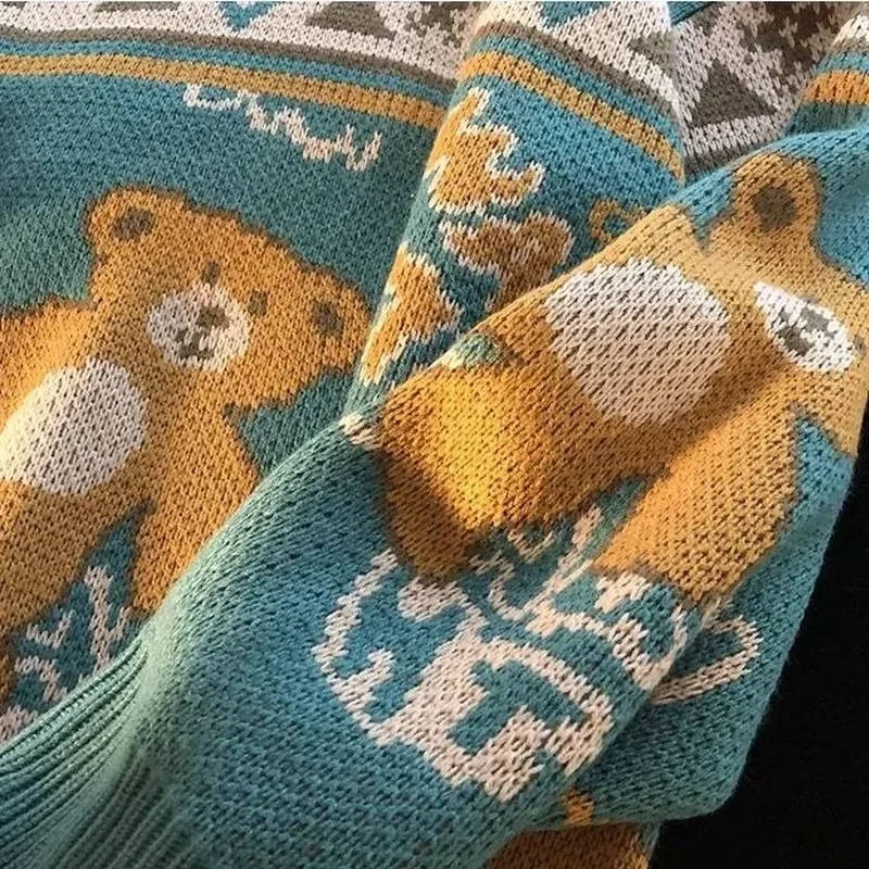 Cute Bear Tops Oversize Men High Street Knitting Sweater Tops Autumn Pullover Loose Harajuku Kawaii White Women Couple Sweaters 6