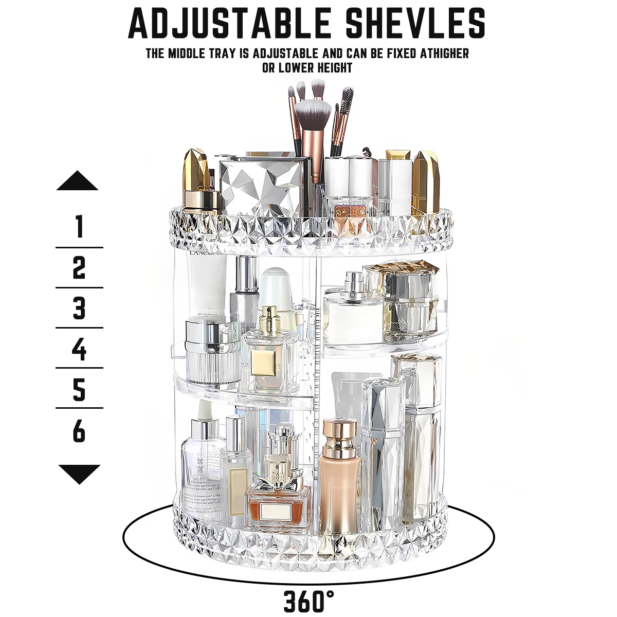 3 Tiers Rotating Makeup Organizer 360° Spinning Large Capacity Makeup Stand Clear Skincare Display Case with Compartment Design 4