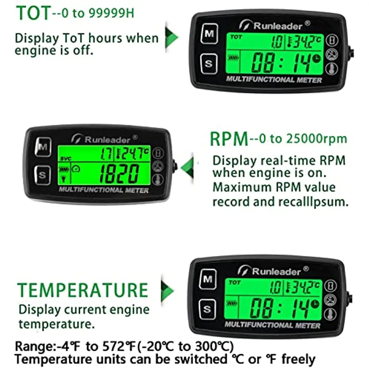 Runleader Digital Tach/Hour Meter With Temperature Gauge - RPM & Temp Monitor