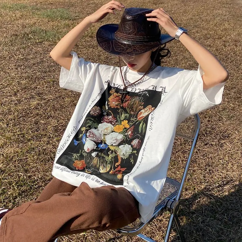 

Heavy cotton American retro floral print short sleeved t-shift men's and women's street hip hop oversize tops ins tide y2k top